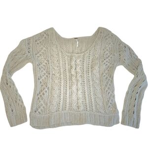 Free People Womens Sweater Medium Cable Knit Chunky Boho Beige Mohair